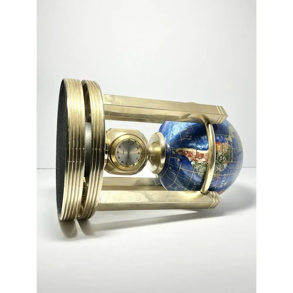 Alexander Kalifano 3-Timepieces Thermometer Rotating Gemstone Brass Globe 8.75”